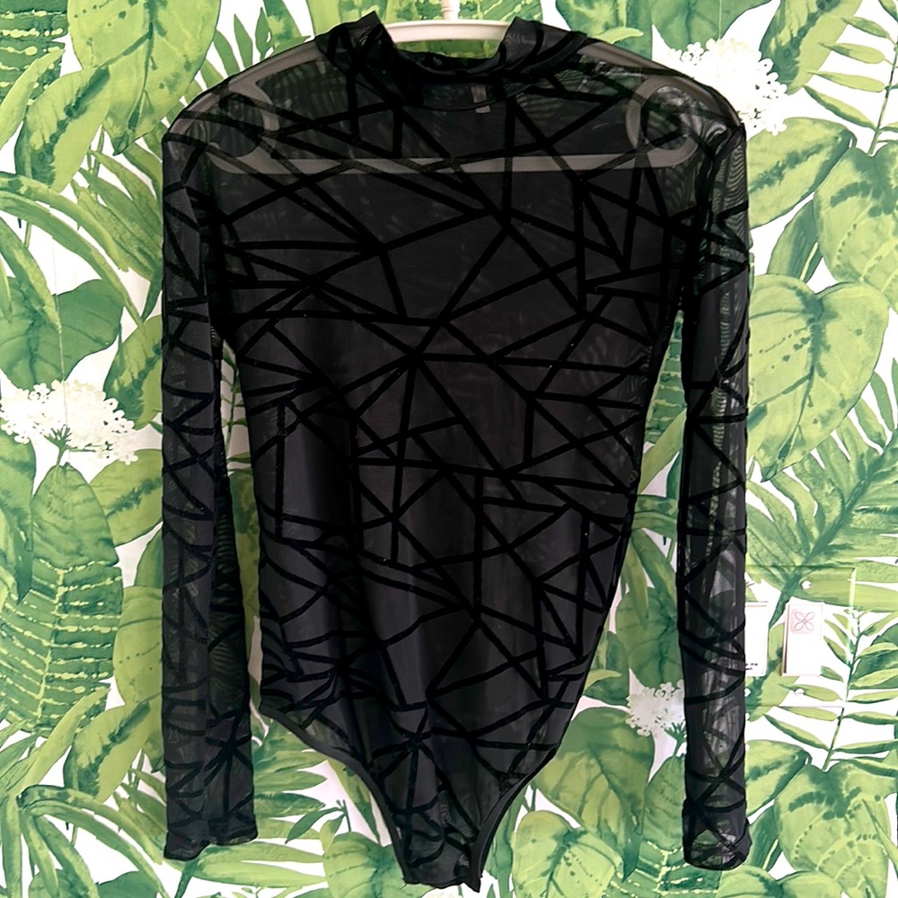 Sheer geometric velvet mock neck bodysuit